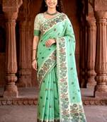 green woven cotton saree with blouse