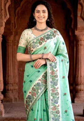 green woven cotton saree with blouse 2