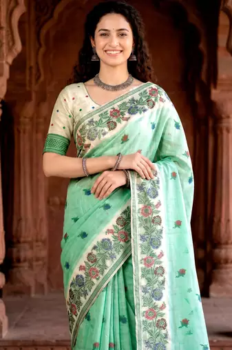 green woven cotton saree with blouse