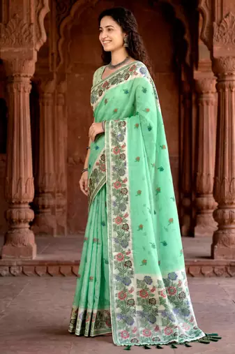 green woven cotton saree with blouse