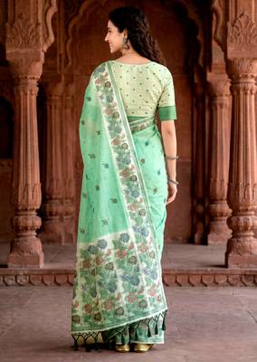 green woven cotton saree with blouse 4