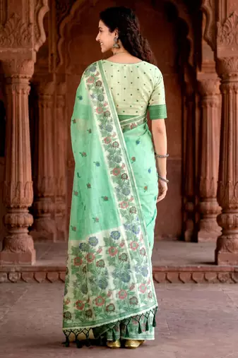 green woven cotton saree with blouse