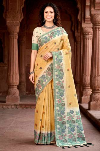 mustard woven cotton saree with blouse