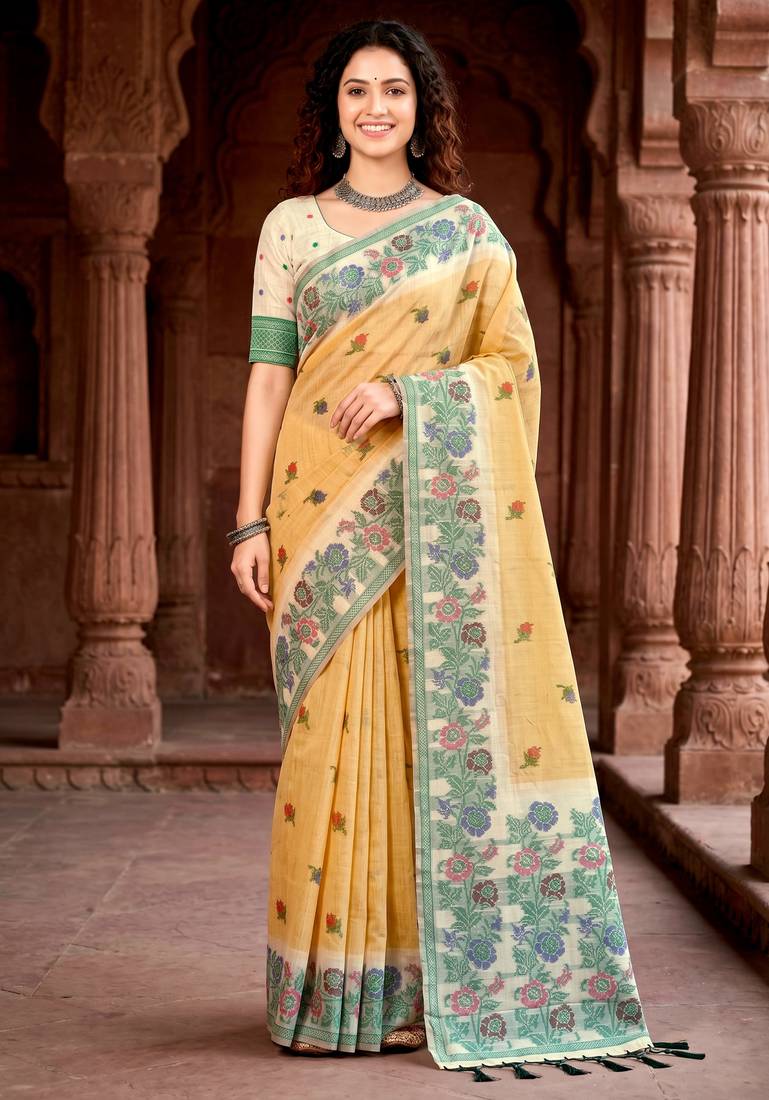 mustard woven cotton saree with blouse