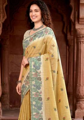 mustard woven cotton saree with blouse 2