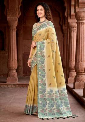 mustard woven cotton saree with blouse 3