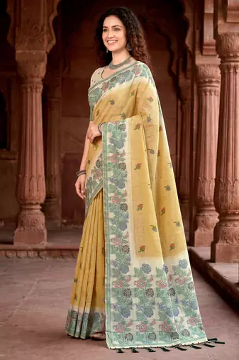 mustard woven cotton saree with blouse