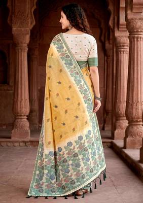 mustard woven cotton saree with blouse 4