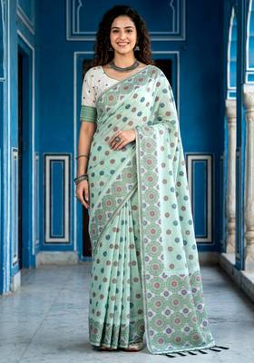 green woven cotton saree with blouse 1