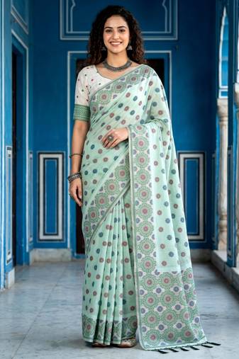 green woven cotton saree with blouse