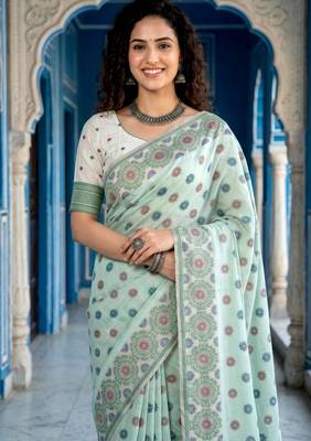 green woven cotton saree with blouse 2