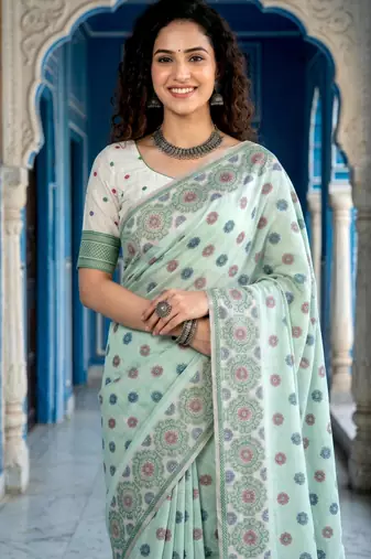 green woven cotton saree with blouse
