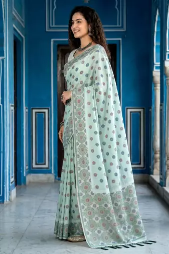 green woven cotton saree with blouse