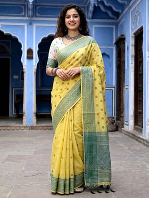 yellow woven cotton saree with blouse 1