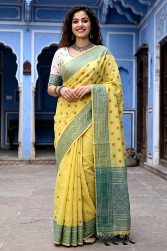 yellow woven cotton saree with blouse