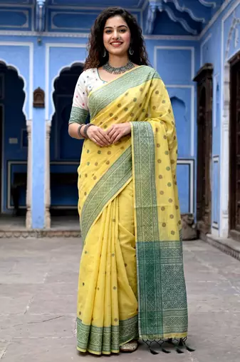 yellow woven cotton saree with blouse
