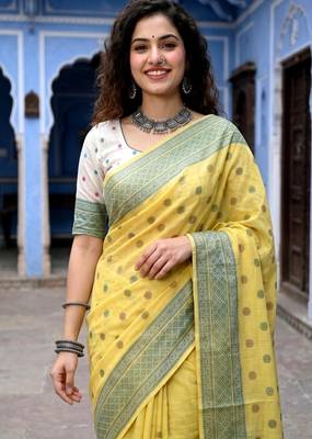yellow woven cotton saree with blouse 2