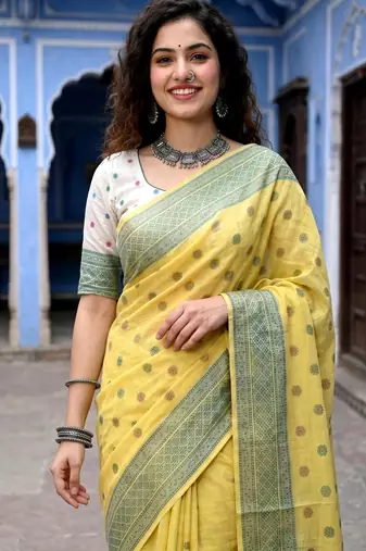 yellow woven cotton saree with blouse