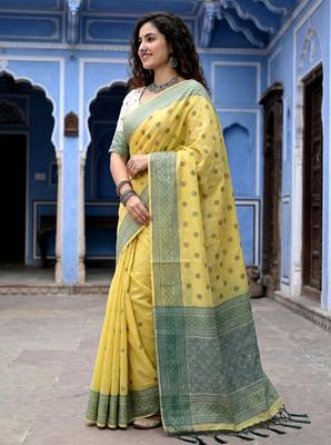 yellow woven cotton saree with blouse 3