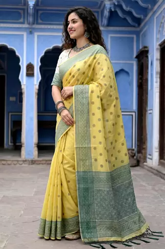 yellow woven cotton saree with blouse