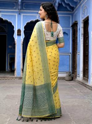 yellow woven cotton saree with blouse 4