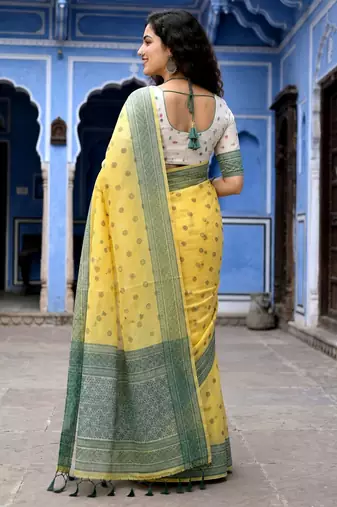 yellow woven cotton saree with blouse