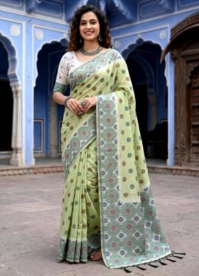 green woven cotton saree with blouse 1