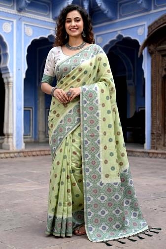 green woven cotton saree with blouse