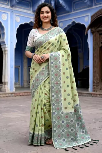green woven cotton saree with blouse
