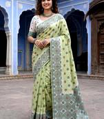 green woven cotton saree with blouse