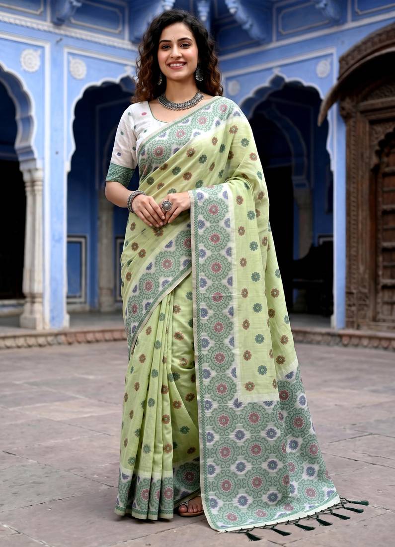 green woven cotton saree with blouse