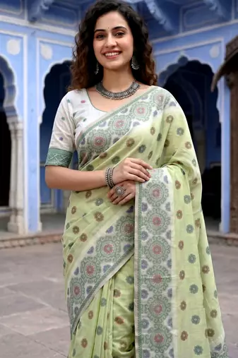 green woven cotton saree with blouse