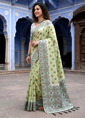 green woven cotton saree with blouse 3