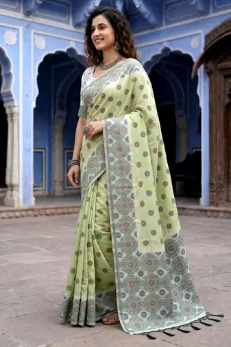 green woven cotton saree with blouse