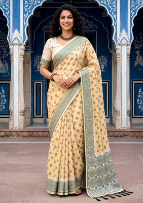 beige woven cotton saree with blouse 1