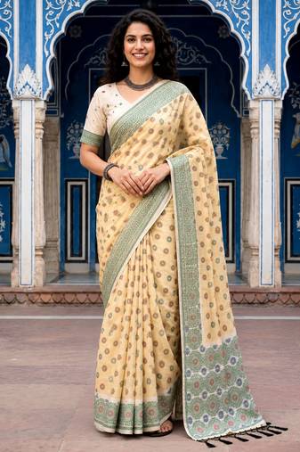 beige woven cotton saree with blouse