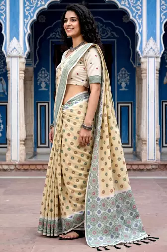 beige woven cotton saree with blouse