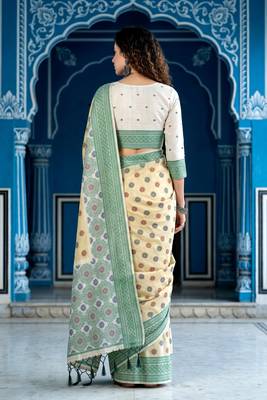 beige woven cotton saree with blouse 4