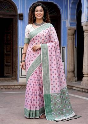 pink woven cotton saree with blouse 1
