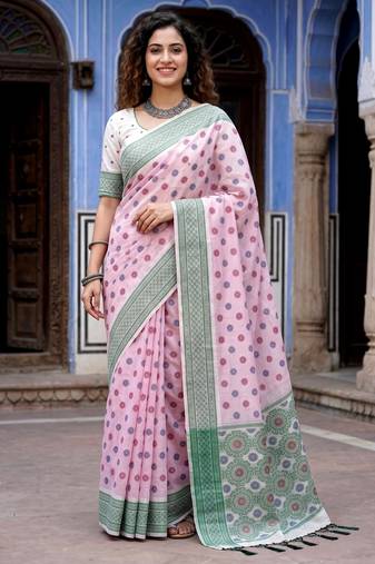 pink woven cotton saree with blouse