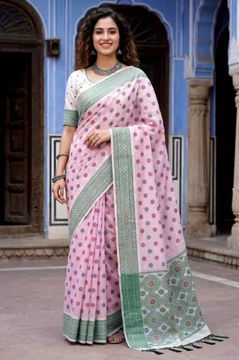 pink woven cotton saree with blouse
