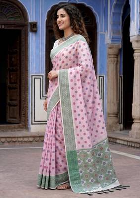 pink woven cotton saree with blouse 3