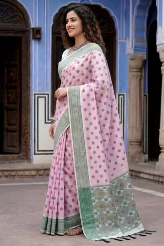 pink woven cotton saree with blouse
