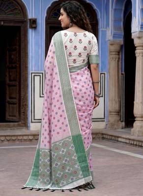 pink woven cotton saree with blouse 4