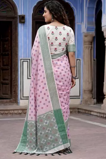 pink woven cotton saree with blouse