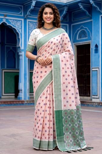 pink woven cotton saree with blouse