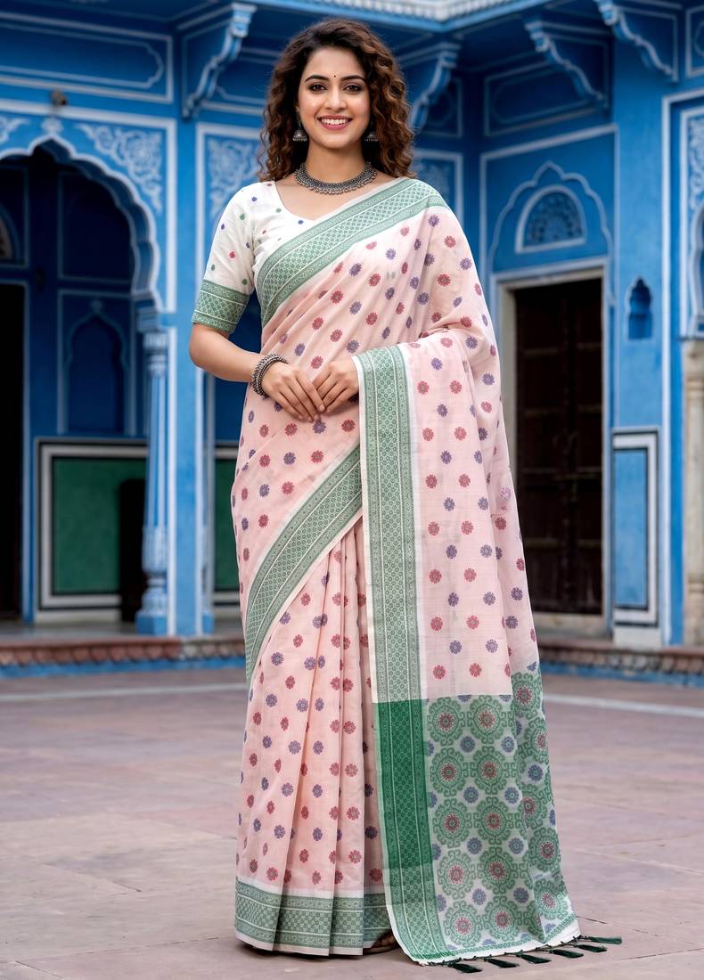 pink woven cotton saree with blouse