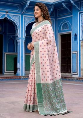 pink woven cotton saree with blouse 3