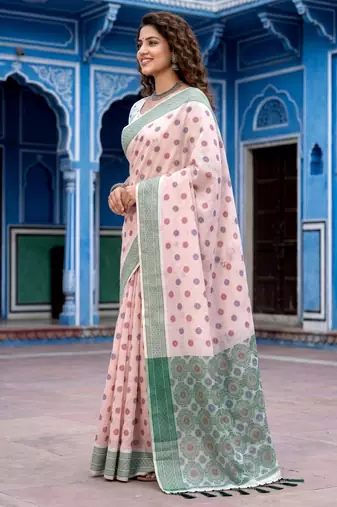 pink woven cotton saree with blouse