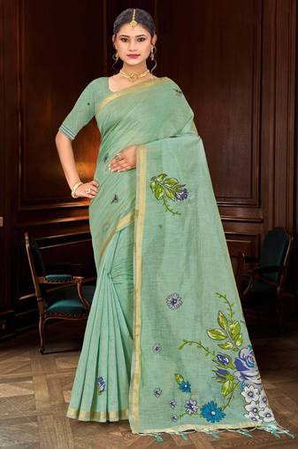 green woven cotton saree with blouse